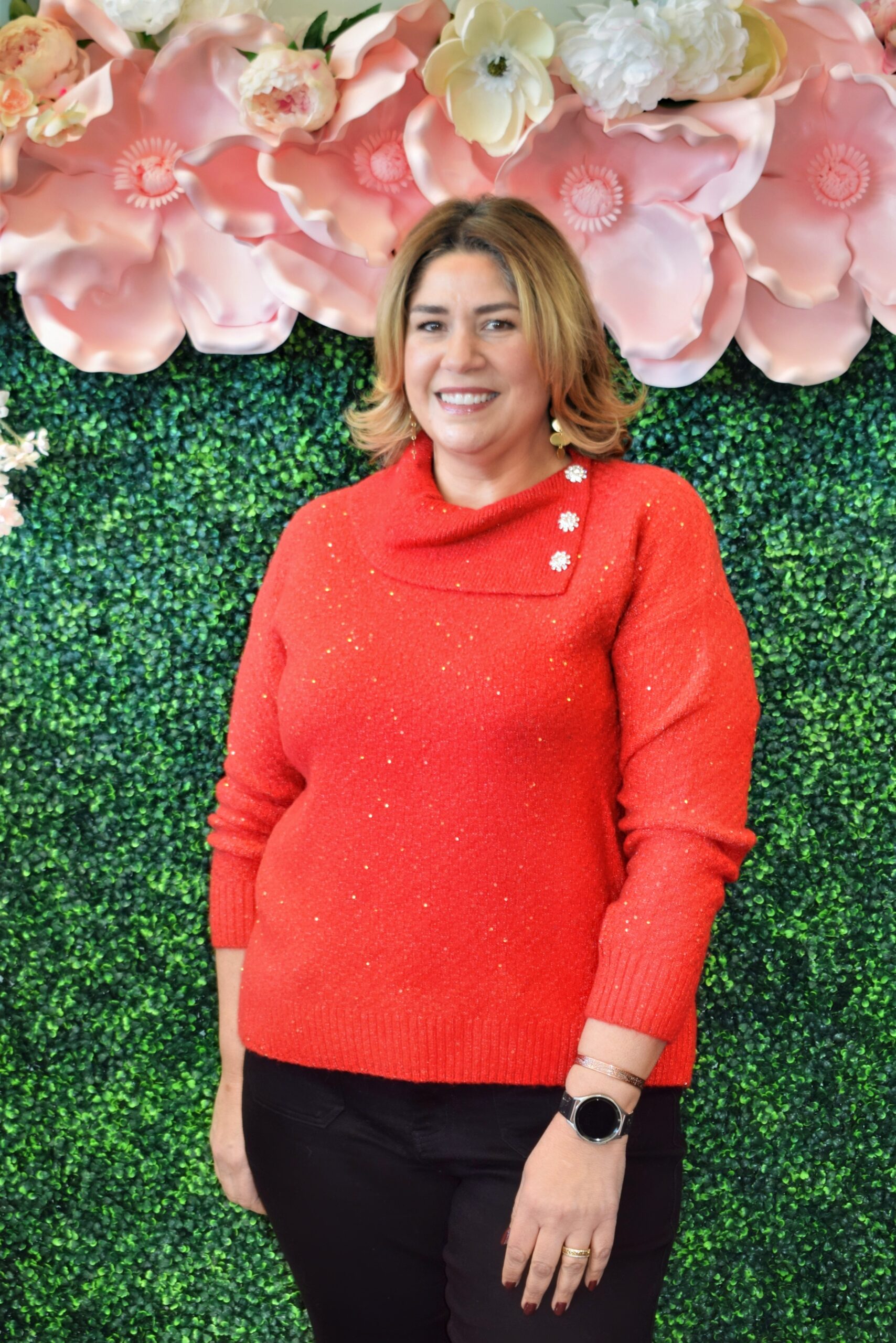 Plus Size Red Sparkle Holiday Sweater with Crystal Button Neckline | 1X–3X