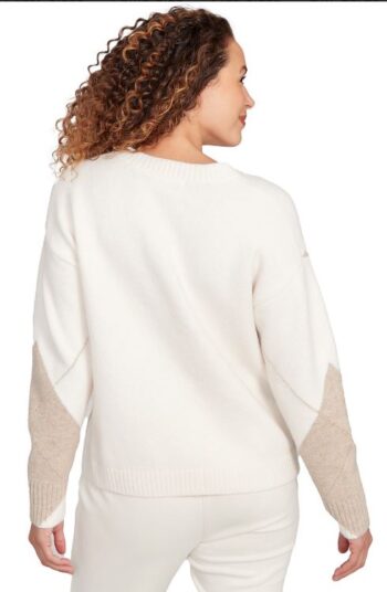 Back view of Aria Argyle Sweater in Tan and White on plus size model