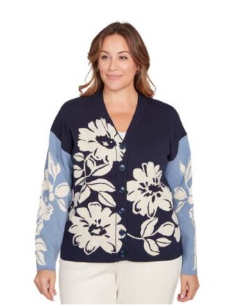 Plus size woman wearing navy and cornflower blue floral button-front cardigan sweater, front view, available in sizes 1X–3X.