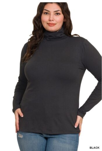 Plus size model wearing black brushed microfiber mock neck long sleeve top with soft stretch fit