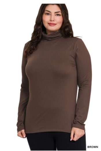 Plus size model wearing brown brushed microfiber mock neck long sleeve top with warm stretchy fabric