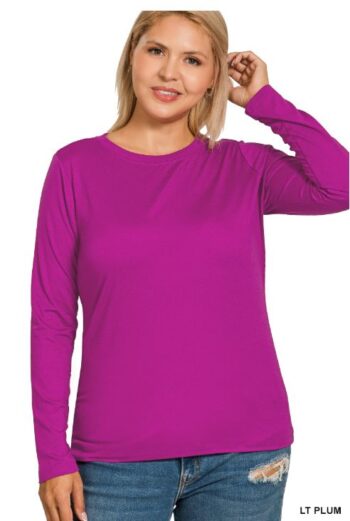 Plus and midsize model in light plum brushed microfiber long sleeve round neck tee