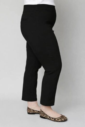 Side view of plus size ERICA Millennium black capri pants with straight leg fit