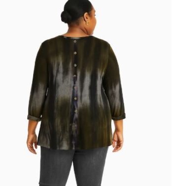 Back view of plus size olive and grey tie-dye cozy knit top with natural shell button-back detail and 3/4 rolled sleeves.