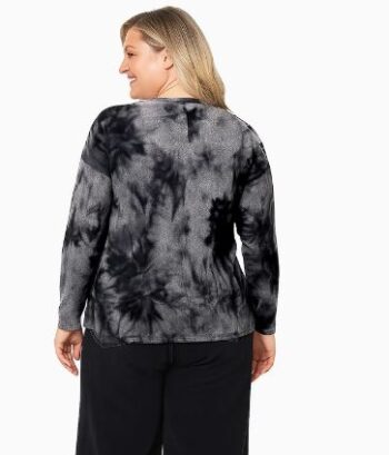 Back view of plus size charcoal and grey tie-dye cozy knit top with long sleeves and relaxed fit.