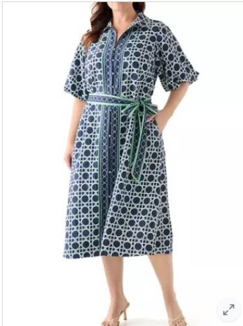 Front view of a plus size rattan print midi dress with flutter sleeves and adjustable tie waist, styled for New England weddings and daytime events.