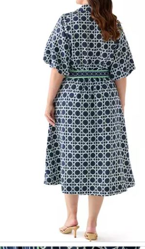 Back view of a plus size geometric rattan print midi dress with sleeves and belt, a polished option for showers and celebrations in New England.
