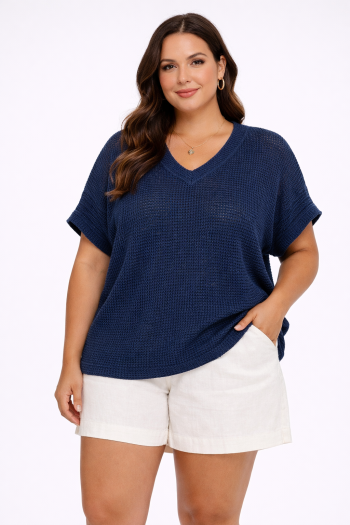 Navy blue crochet sweater for women lightweight breathable summer knit top New England boutique clothing