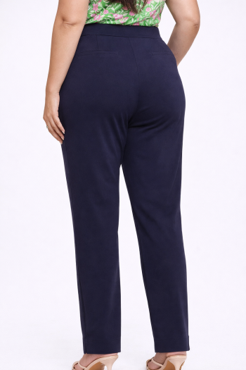 Back view of women’s navy zip front pants showing flattering fit breathable fabric Rhode Island boutique