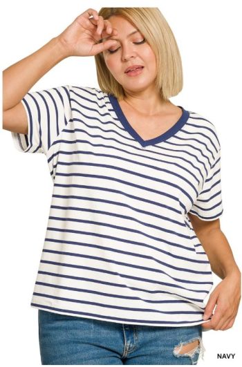 Woman wearing striped v neck t shirt women love in navy relaxed fit
