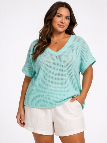 Lightweight crochet sweater for women in mint green breathable summer top from Rhode Island boutique New England fashion