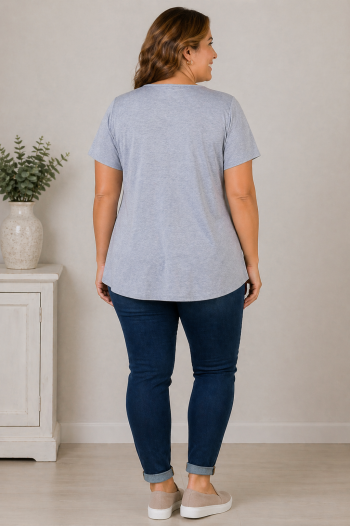 Back view of women’s A-line t shirt with soft fabric and relaxed fit