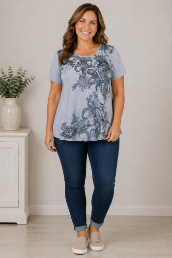 Paisley t shirt women with flowy A-line fit styled for everyday outfits