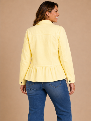 Back view of lemon yellow peplum jacket with feminine tailored silhouette and lightweight structure
