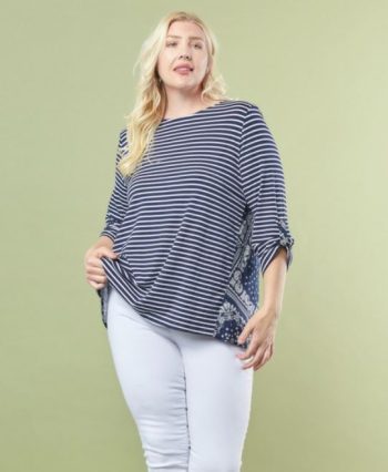 Women's bandana stripe top featuring a striped front and relaxed fit in sizes 1X-3X.