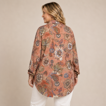Back view of the Autumn Paisley Ribbed Shacket showcasing the paisley floral print, relaxed fit, long sleeves, and curved shirt-tail hem.