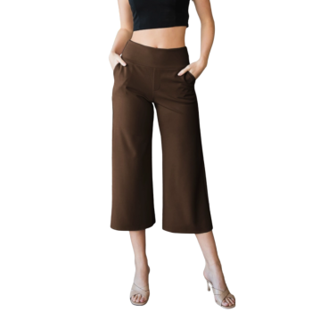 Front view of espresso petite ponte culottes featuring a pull-on waistband, cropped wide-leg fit, and sleek stretch fabric.