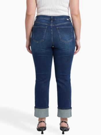 Back view of Dylan Cuffed Straight Leg Jeans in dark wash showcasing the high-rise fit, classic back pockets, and relaxed cuffed straight-leg design.
