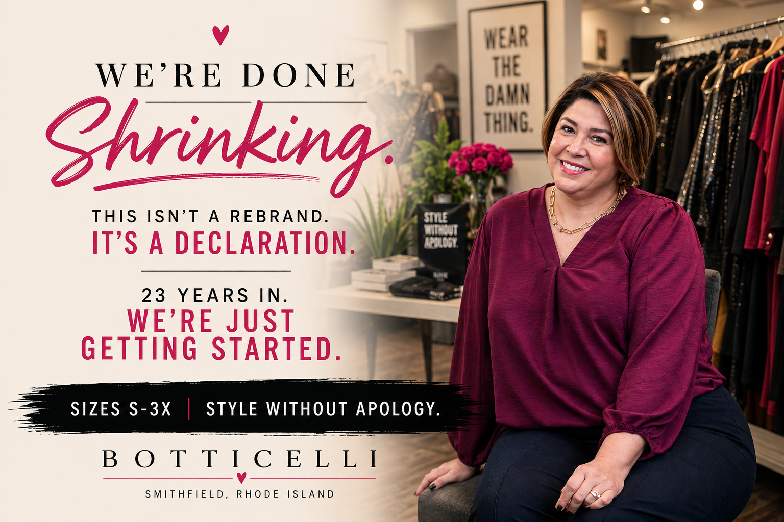 Botticelli size-inclusive women’s clothing in sizes S–3X in Smithfield, Rhode Island, featuring owner Jan and the Style Without Apology message.