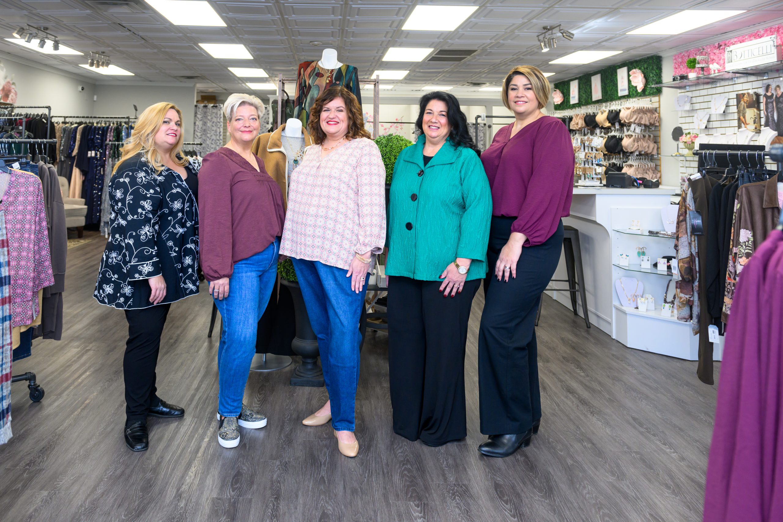 Women modeling inclusive fashion inside Botticelli Boutique in Smithfield Rhode Island